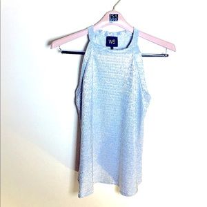 silver blouse stretchy flowy halter top elegant M Anthropologie halter top